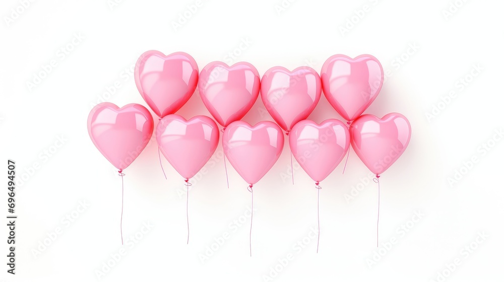 Valentine's Day background with pink heart-shaped balloons floating on white background.