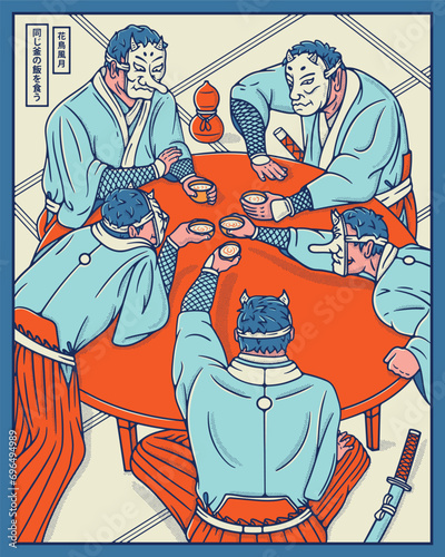 Five noble samurai are sitting around a table celebrating a good event and drinking sake. The Japanese kanji on the left mean 'to eat from the same pot' and 'the beauty of nature'.