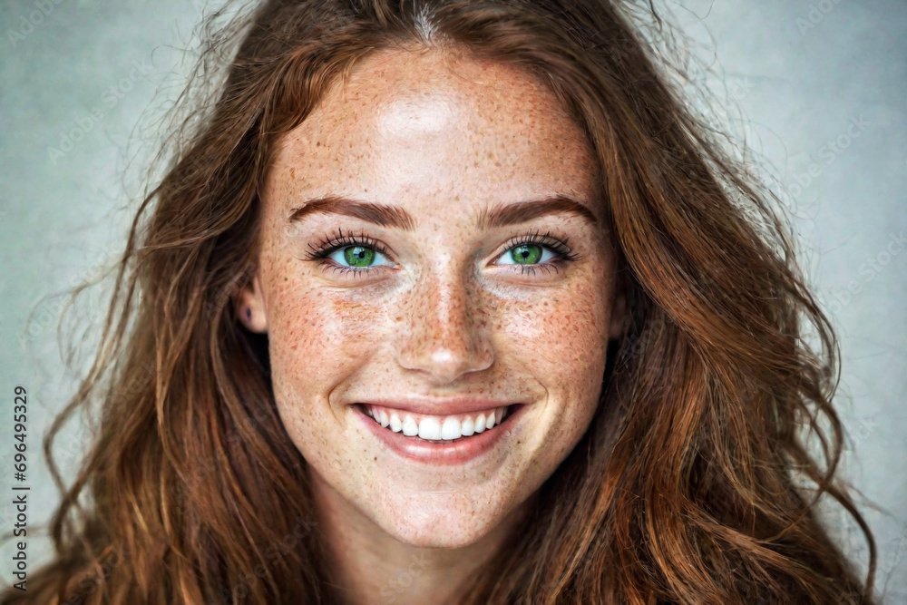 Portrait of a beautiful happy smiling red-haired woman with freckles close-up Portrait of a beautiful happy smiling red-haired woman with freckles close-up