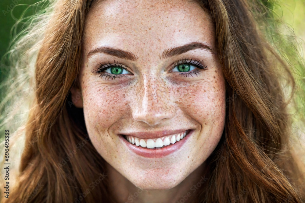 Portrait of a beautiful happy smiling red-haired woman with freckles close-up Portrait of a beautiful happy smiling red-haired woman with freckles close-up