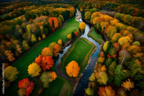 Aerial perspective capturing the transition of seasons in Upstate New York, from lush greenery to the vibrant colors of autumn, a patchwork of fields and forests