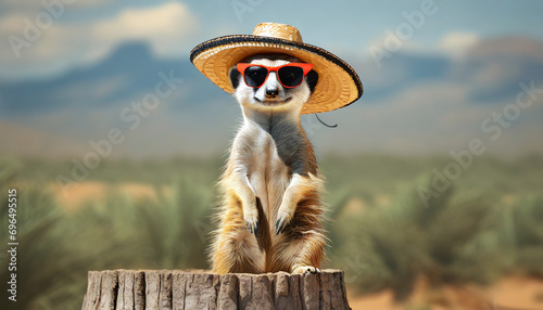 Smiling meerkat with sunglasses and sombrero stand on stump.	 photo