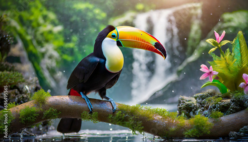 Toucan close up, standing on a branch in the tropical forest .
