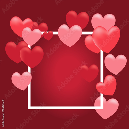 Valentine's Day concept. Vector illustration. Red and pink hearts with a white square frame