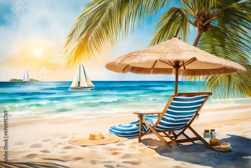 An idyllic beach setting with a stylish beach bag and sun hat, positioned on a wooden beach chair, surrounded by palm trees casting shadows