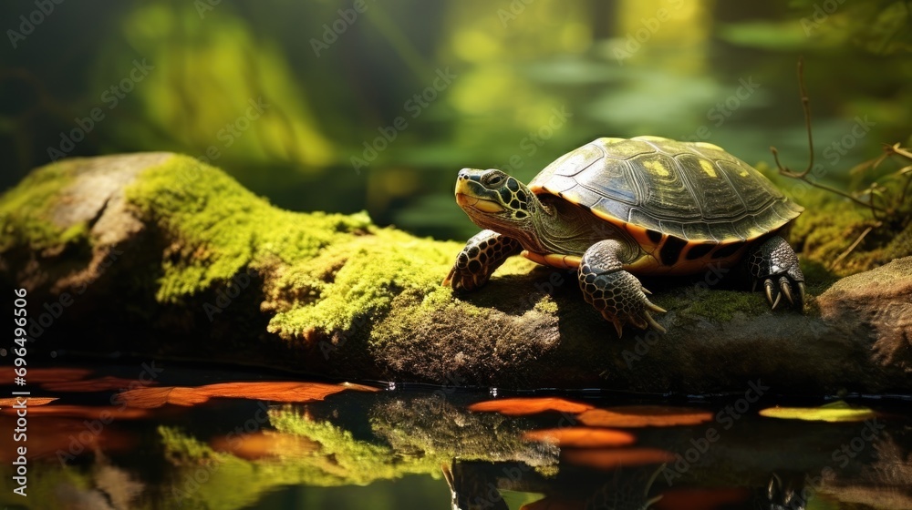 Fototapeta premium A wise-looking turtle basking on a sunlit rock in a serene pond