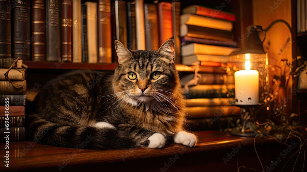 custom made wallpaper toronto digitalA curious cat perched on a bookshelf in a cozy library