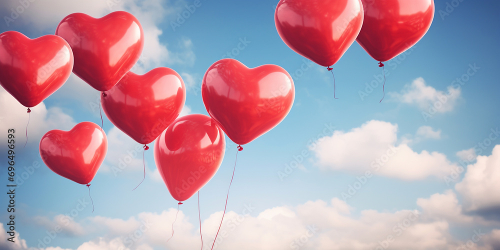 3d realistic red heart balloons flying valentine's background design Love is in the air celebrating with heart shaped balloons.AI Generative