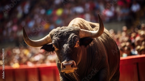 Bull in a vibrant Spanish bullfighting arena