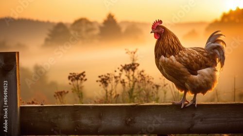 Hen perched on a quaint wooden fence at sunrise