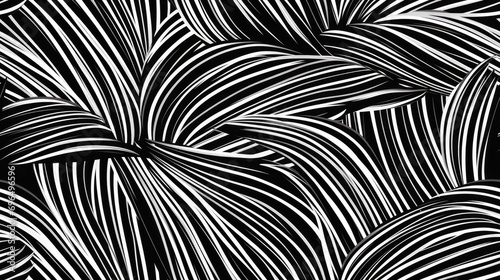 Tropical leaves linear line art in black and white, tiled and redy for pattern and repetition. Tiled decoration floreal with tropical element in duotone black and white. Colored book style