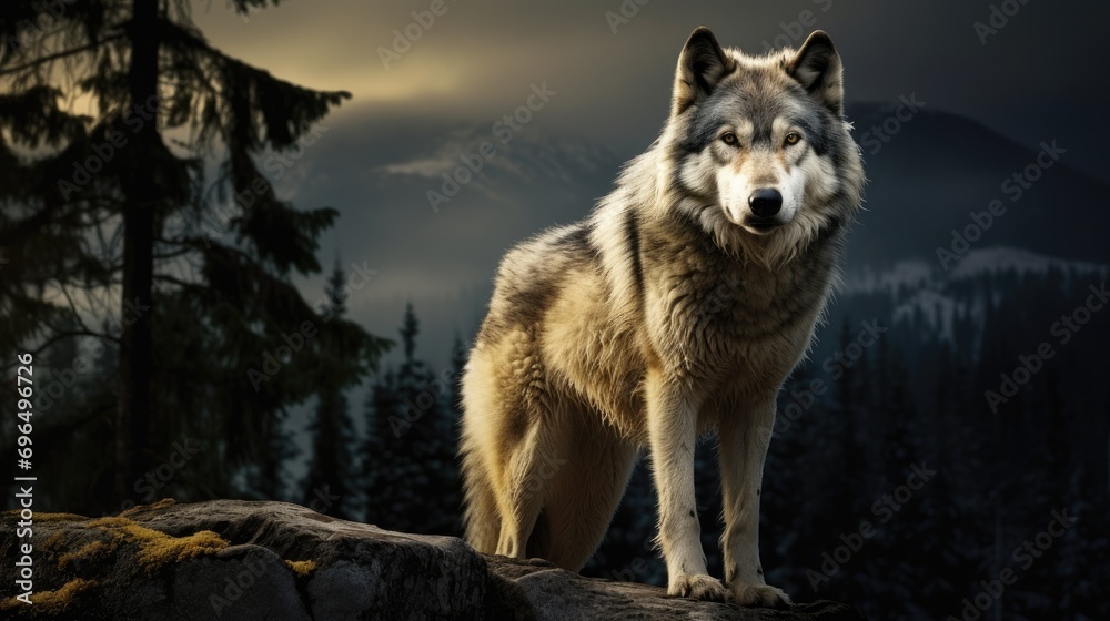 Fototapeta premium A majestic wolf standing on a rocky outcrop overlooking a moonlit forest