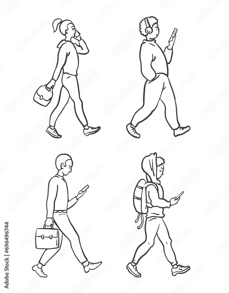 Young people talking on the phone. Walking down the street. Set vector illustration black and white. Hand drawn sketch ink