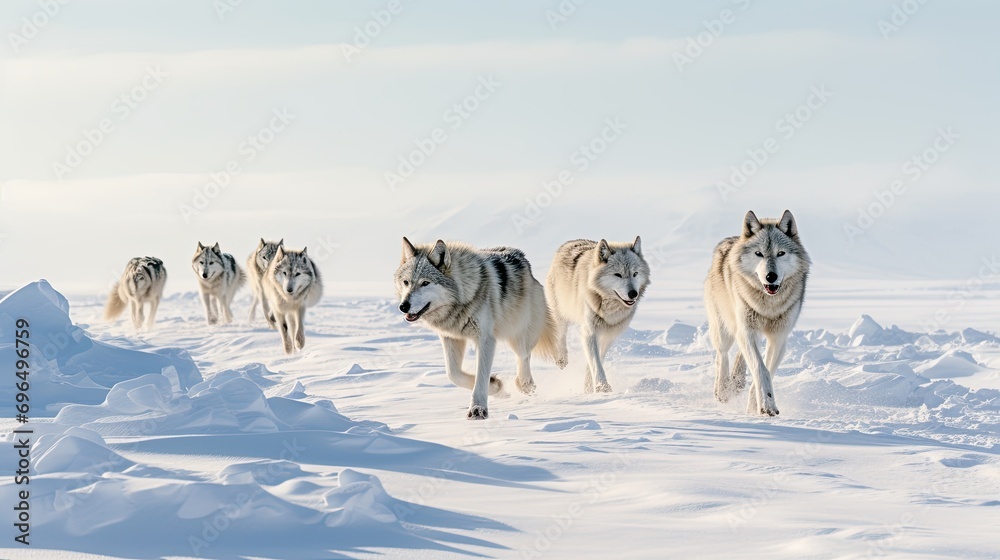 A pack of wolves traversing a snow-covered landscape in the Arctic tundra A pack of wolves traversing a snow-covered landscape in the Arctic tundra