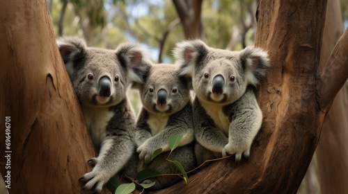 A group of koalas in an Australian eucalyptus forest