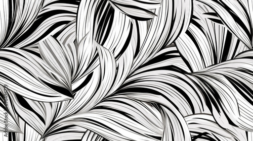 Tropical leaves linear line art in black and white, tiled and redy for pattern and repetition. Tiled decoration floreal with tropical element in duotone black and white. Colored book style photo
