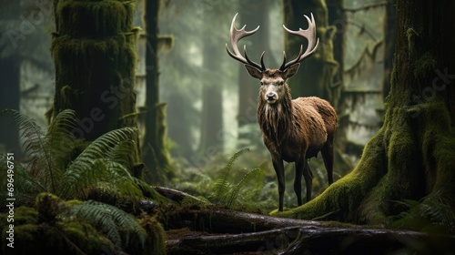 A majestic stag standing proud in a mist-covered ancient forest photo