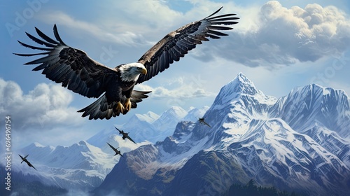 A pair of raptors engaged in an aerial courtship dance above a rugged mountain range