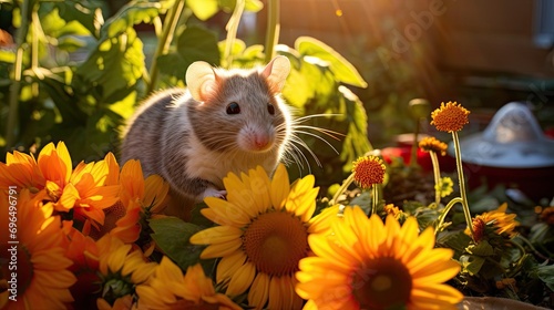 A playful mouse nibbling on a sunflower seed in a sunlit garden