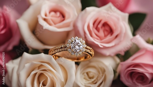 Beauty of gold ring and rose wedding celebration  jewelry with romantic flowers