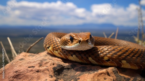 A venomous snake gracefully slithering across a rocky mountain ledge © MAY