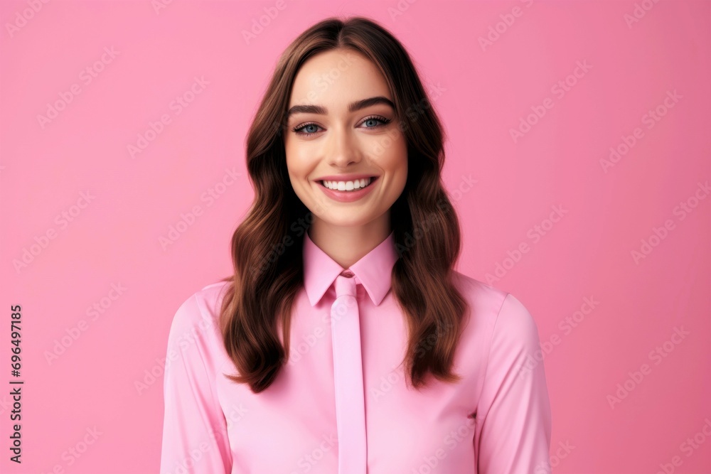 Cute girl with beautiful smile in pink shirt with tie on pink background. Concept of a modern office worker. Business Attire Cute girl with beautiful smile in pink shirt with tie on pink background. Concept of a modern office worker. Business Attire
