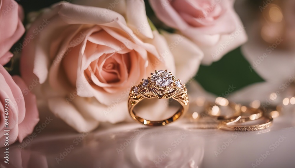 Beauty of gold ring and rose wedding celebration, jewelry with romantic flowers Beauty of gold ring and rose wedding celebration, jewelry with romantic flowers