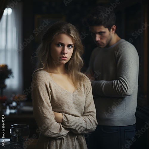 A standoffish couple together in a darkened living room. photo