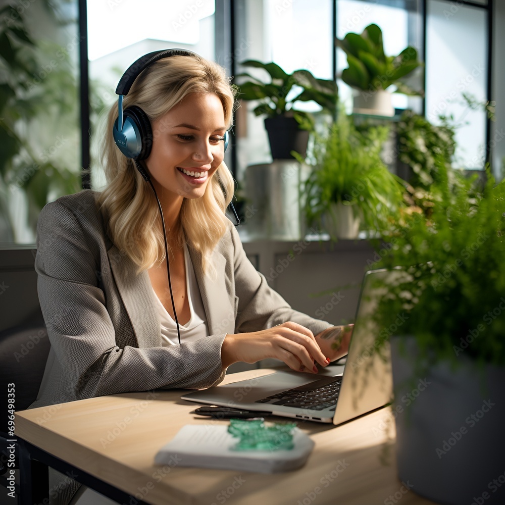 Female customer service representative talking through a headset with a microphone, smiling and working on a laptop in an office.