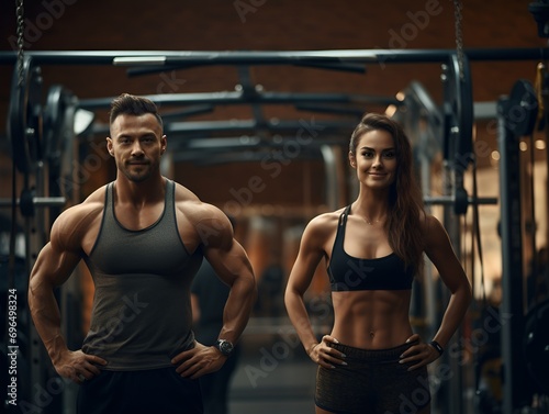 Muscular and fit man and woman posing in the gym after working out.