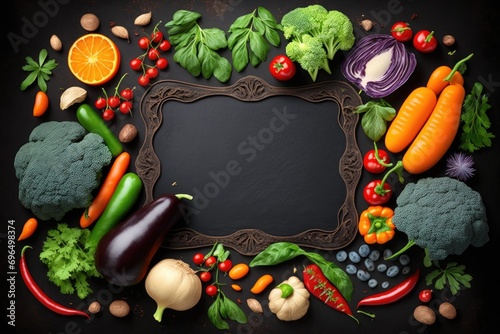 Healthy food background with fresh vegetables and fruits. Top view with copy space