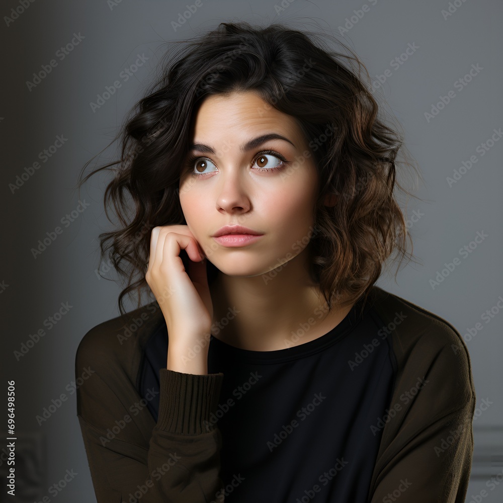 Portrait shot of a brunette woman slightly irritated, confused, thinking, and questioning, white background, Portrait shot of a brunette woman slightly irritated, confused, thinking, and questioning, white background,