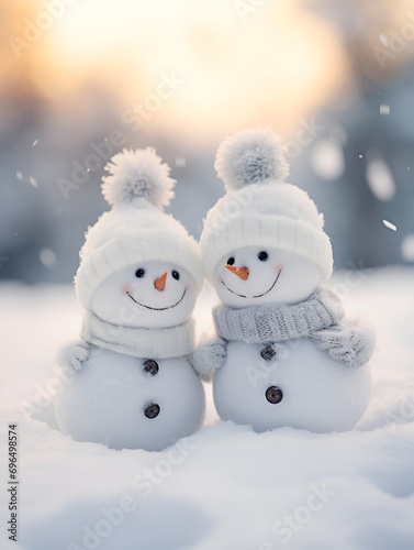 Two smiling cute little snowmen in the snow. Amazing winter scenery. © Rando