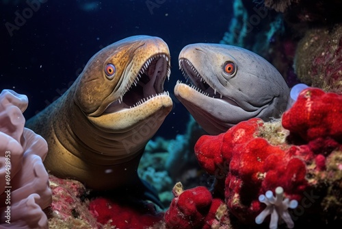 Two moray eels communicate peacefully underwater amidst the vibrant coral reef.