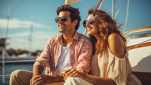 Indian couple in sunglasses sitting on yacht and looking away while enjoying summer day against sunny blue sky. photo