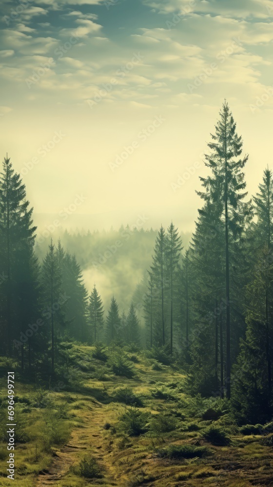 Foggy landscape with a dense spruce forest. Nostalgic and atmospheric scene