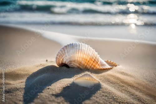 A delicate seashell partially buried in the beach sand