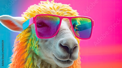 Obraz na płótnie Stylish sheep posing in sunglasses. Close portrait of lamb in fashion style. Illustration for cover, card, postcard, interior design, banner, poster, brochure or presentation. w salonie