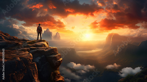 A solitary trekker perched on the brink of a stunning precipice  admiring a spectacular sundown across the immense wilds.