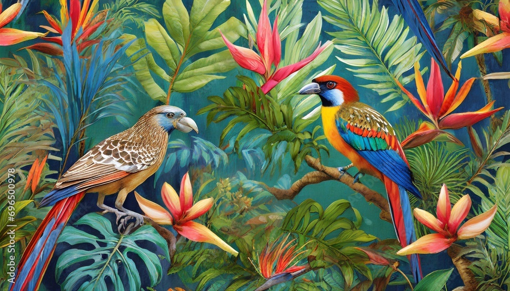 tropical patterns with exotic jungle birds and vegetation with many colors generated ai