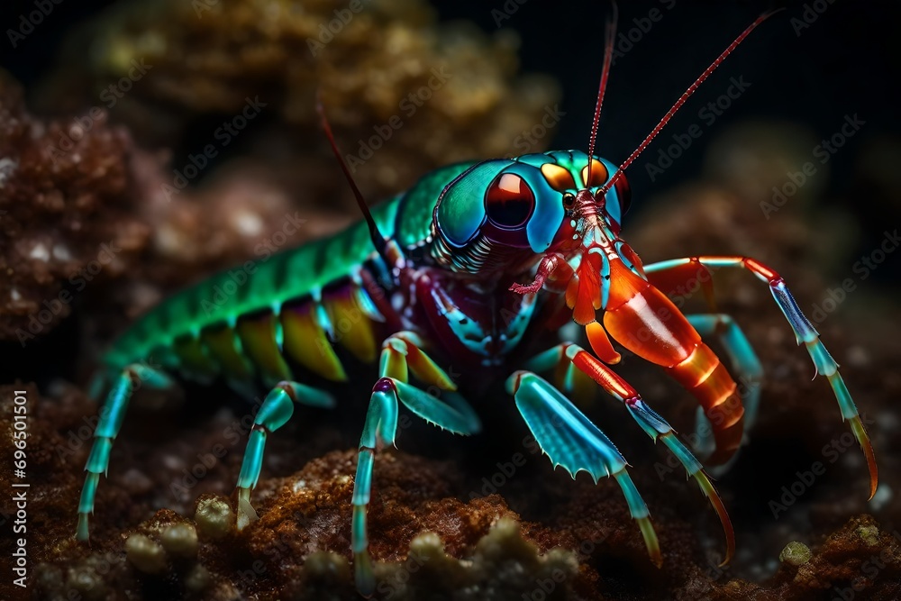 A flamboyant mantis shrimp with its vibrant colors and powerful claws A flamboyant mantis shrimp with its vibrant colors and powerful claws