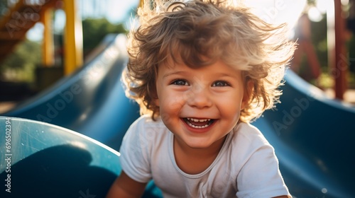 Fototapeta Naklejka Na Ścianę i Meble -  Joyful toddler male having fun on a swing at the park during the warm season.
