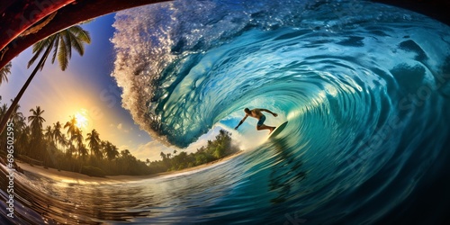 A skilled surfer carves the wave in the Maldives with bold moves above and below the surface.