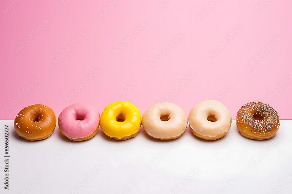 different colored donuts with pink copy space different colored donuts with pink copy space