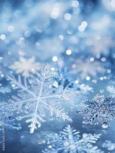 Glistening snow crystals and twinkling holiday lights create a winter wonderland.