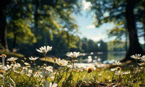 A beautiful, sun-drenched spring summer meadow. Natural colorful panoramic landscape with many wild flowers of daisies against blue sky. A frame with soft selective focus. 