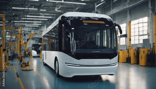 Bus in manufacturing workshop of EV automobile plant. Production of electric passenger buse. Self-driving