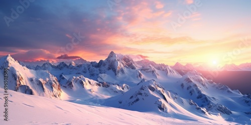 A beautiful snow covered mountain with a vibrant sunset in the background. Perfect for outdoor adventure and nature-themed projects
