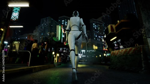 female robot walking along a street in a big city. humanoid AI robot crossing street. 3d animation. future automation job.