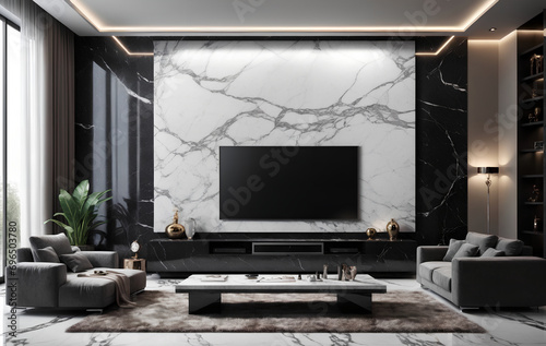 Photography of a Living Room, Modern Interior Design, black and white Marble